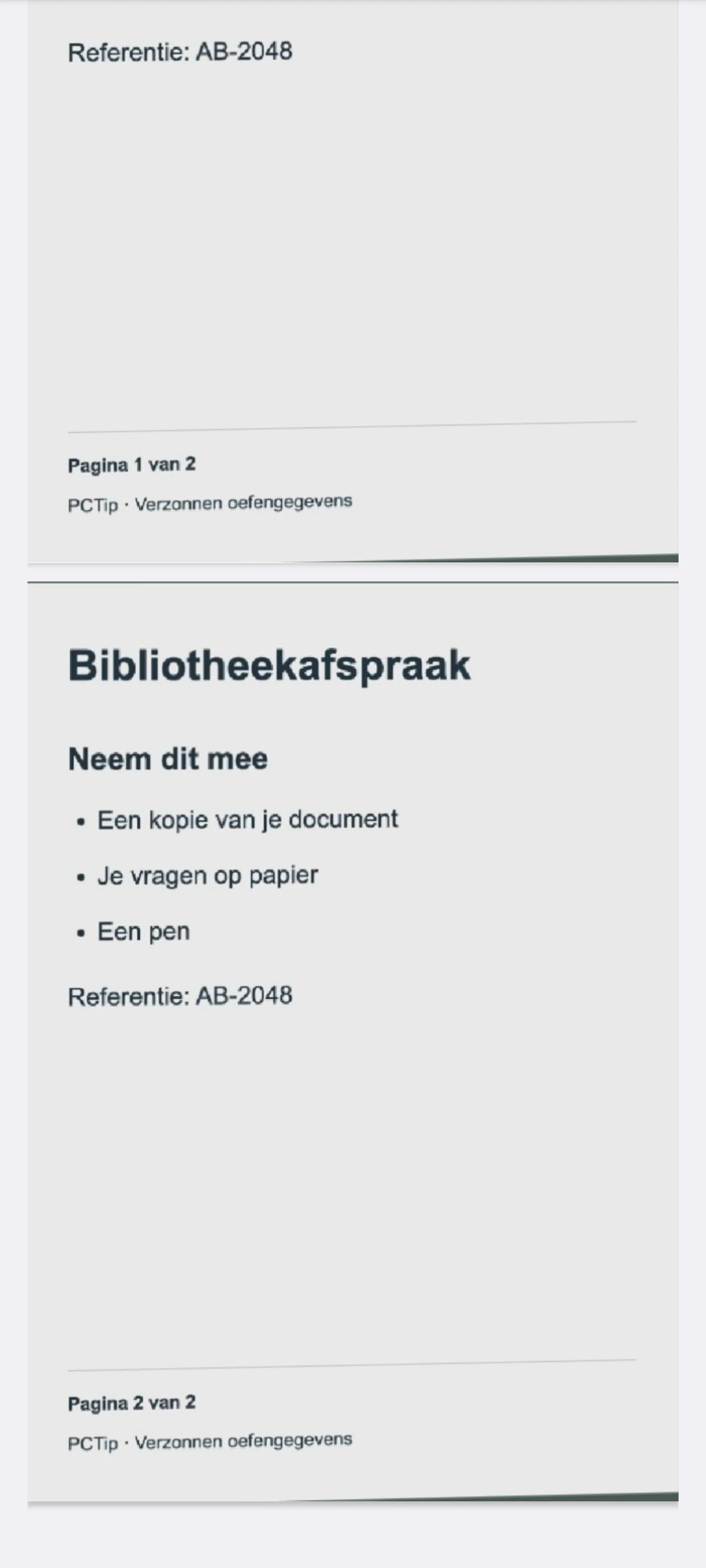 De tweede scanpagina in de opnieuw geopende PDF, met de lijst Neem dit mee en onderaan Pagina 2 van 2.