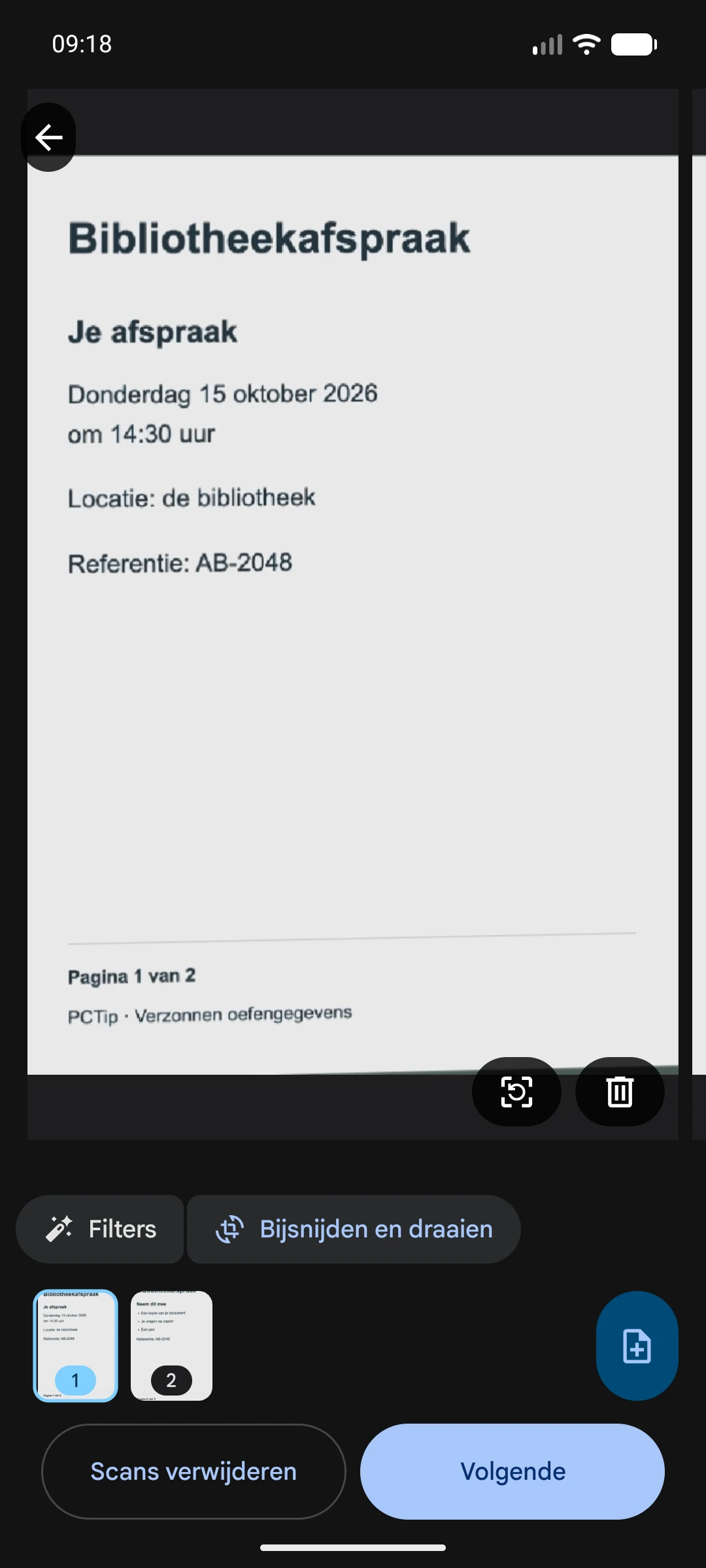 De scanner van Google Drive met twee paginaminiaturen, de plusknop en Volgende.