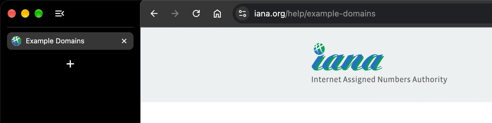 Chrome na het sluiten van example.com: links staat alleen de IANA-pagina Example Domains.