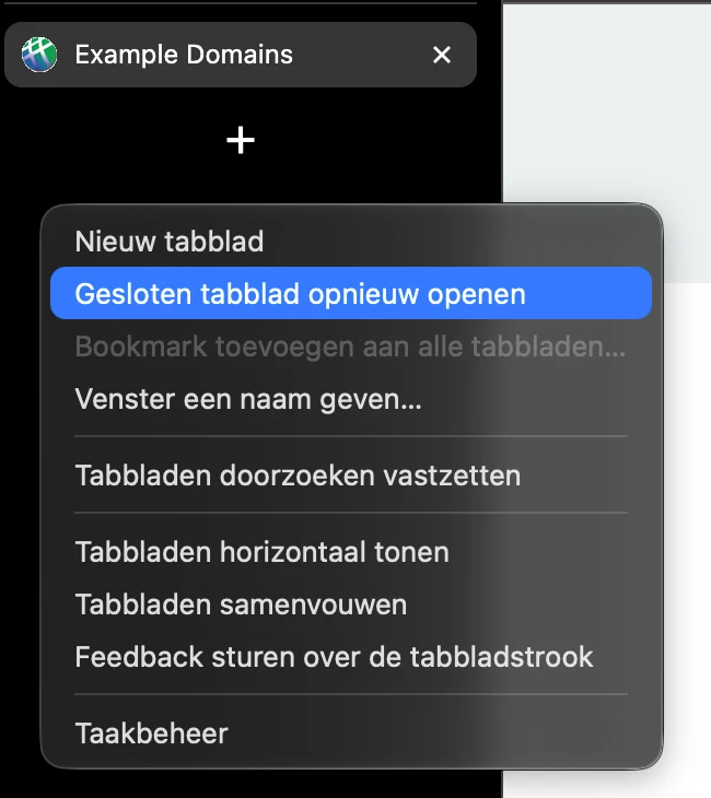 Chrome op de Mac: in het menu onder de verticale tabbladen is Gesloten tabblad opnieuw openen geselecteerd.