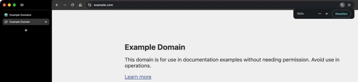 Chrome toont example.com vergroot, met rechtsboven het zoompercentage 150%.