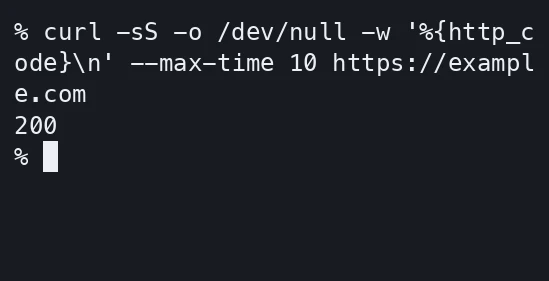 Een curl-opdracht vraagt example.com op en toont HTTP-statuscode 200.