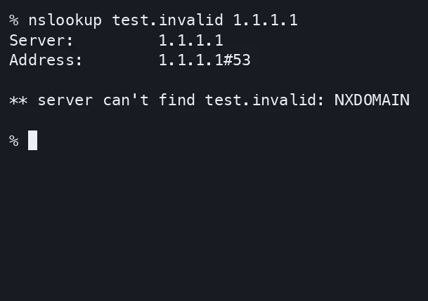 De nslookup-uitvoer voor test.invalid eindigt met de melding NXDOMAIN.