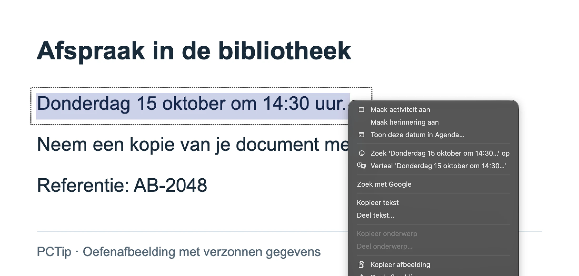 Een geselecteerde datumregel in Voorvertoning met de menuoptie Kopieer tekst.