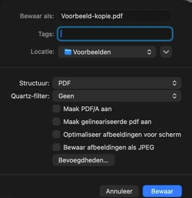 Bewaarvenster van Voorvertoning met de nieuwe naam Voorbeeld-kopie.pdf en de structuur PDF.