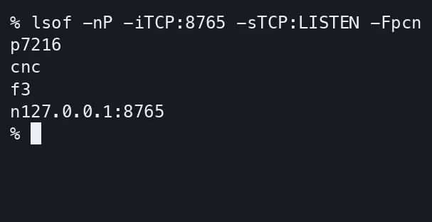 lsof toont het proces nc en het luisteradres 127.0.0.1:8765 in een terminalsessie.
