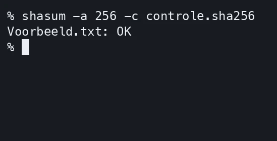 De controle met shasum geeft Voorbeeld.txt: OK.