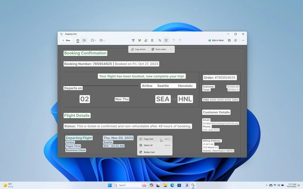 Windows 11 Knipprogramma met herkende tekst, Copy all text en het contextmenu Copy text.